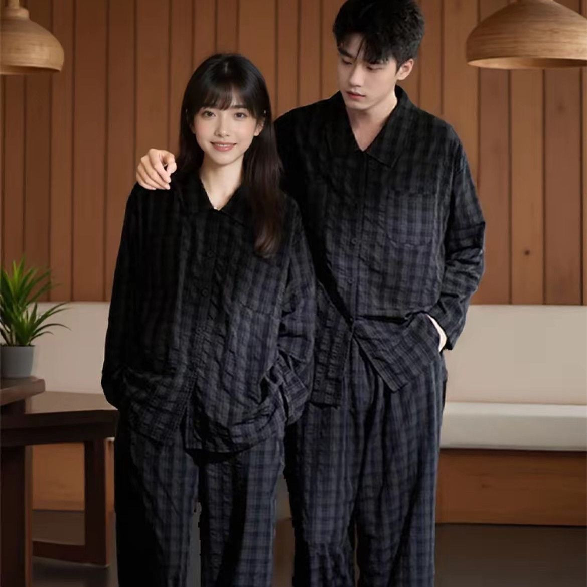 Cloud Cotton Couples Pajama Set with Turn-Down Collar Long Sleeve Loungewear